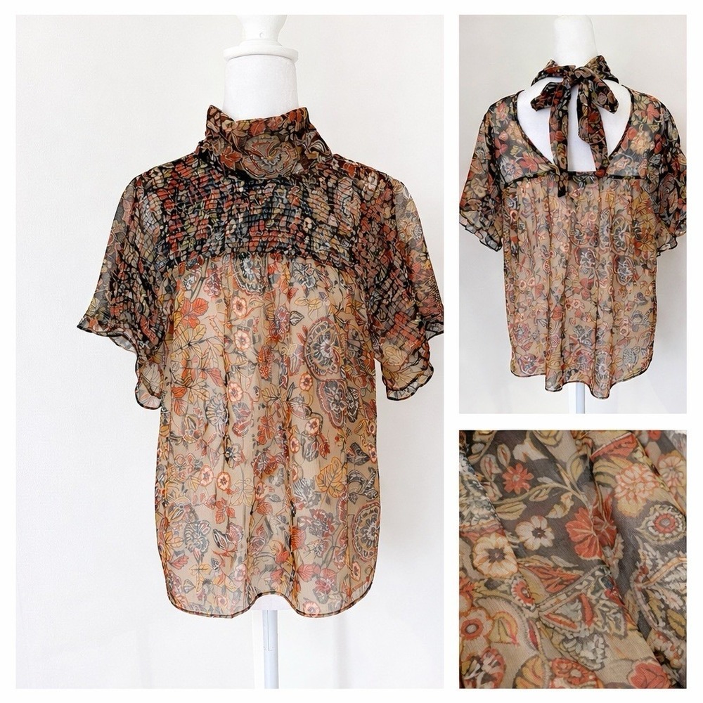 Y2K Womens Sheer Leaves Floral Top Size S Forest Fairy Dark Romantic Brown